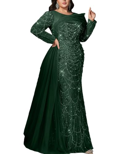 VOUIAO Women Sequin Plus Size Evening Gown Beaded Prom Dress Dark Green 2XL
