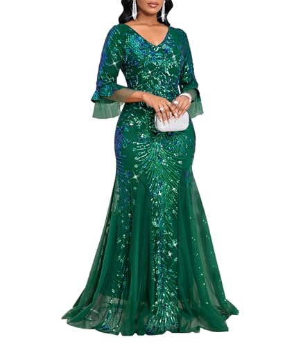 dasmzper Women's Sequin V Neck Flare Sleeve Formal Evening Gown | Embroidered Design,Sheer Mesh Panels,Mermaid Maxi Dress,Wedding Guest Dress for Prom,Cocktail and Gala