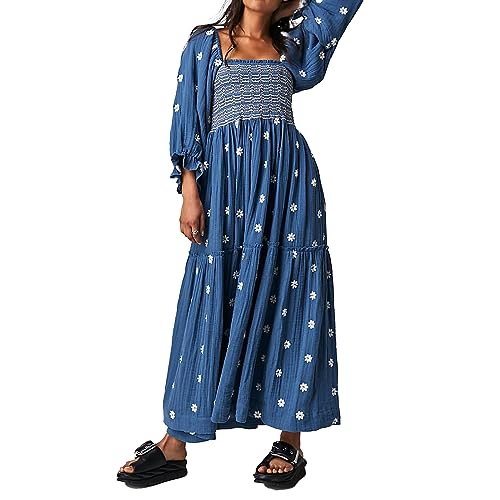 ABYOVRT Women Floral Embroidered Maxi Dress Long Puff Sleeve Square Neck Bohemian Flowy Dress with Pockets Summer Fall (Dark Blue,L)