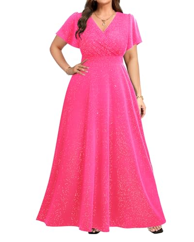 Plus Size Hot Pink Formal Evening Bridesmaid Prom Glitter Maxi Dress | Sparkly stretch fabric, ruffle flutter sleeves, surplice V-neck, empire waist A-line, perfect for wedding guest & gala events