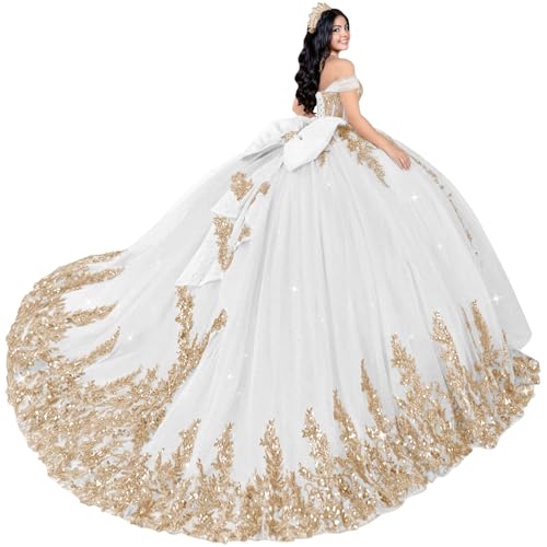 TRHTX White Quinceanera Dresses with Appliques Elegant Tulle Prom Dress Gold LaceBall Gown with Train Size 10