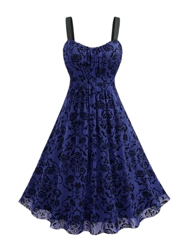 Rosegal Plus Size Women Vintage Goth Sleeveless Overlay Dress(Blue_1/1X) | Gothic Flower Midi Dress, Flocking Backless Dress, Overlay Gothic Dress For Women