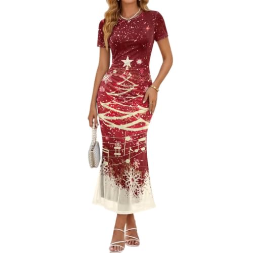 Gomyblomy Golden Christmas Tree Bodycon Maxi Dress for Women Formal Outfits
