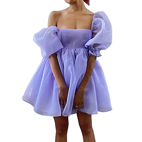Pejihota Womens Off-Shoulder Ruffled Fluffy Short-Sleeved Mesh Party Mini Princess Dress (S, Purple)