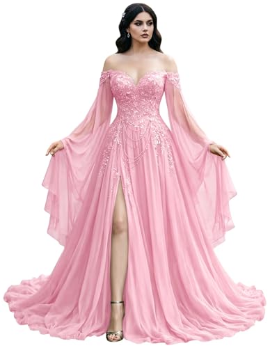 Mauuwy Victorian Pink Gothic Wedding Dress with Side Split Beaded | Vampire Bride Dress ,Lace Medieval 18th Vestido De Noiva ,Robe Mariee with Flare Sleeves Size 4