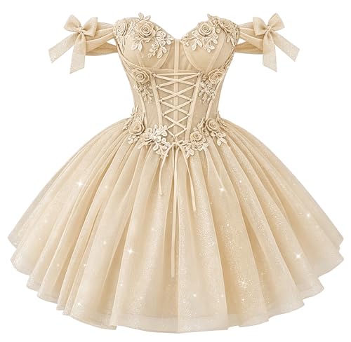 DXUOPL Champagne Off Shoulder Short Homecoming Dresses | Sparkly Tulle Prom Dress for Teens, Princess DAMA Dress for Quinceanera, 3D Flower Quinceañera Parties Gown, Plus Size 16