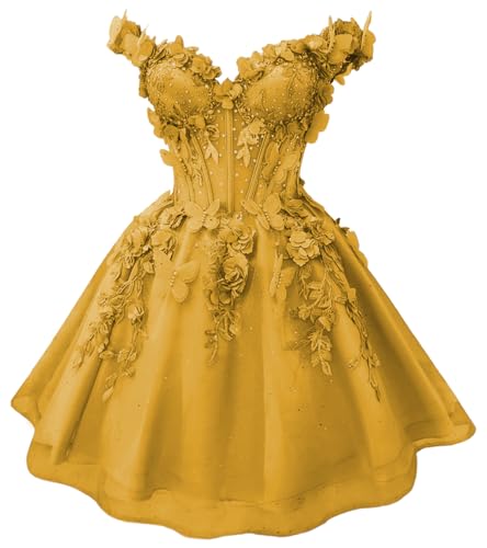 Youjiayi Glitter Tulle Gold DAMA Dresses for Quinceanera Size 8 | 3D Butterfly Short Homecoming Dress, Off Shoulder Sequin Short Quinceanera Dresses, Lace Appliques Graduation Dress for Girls