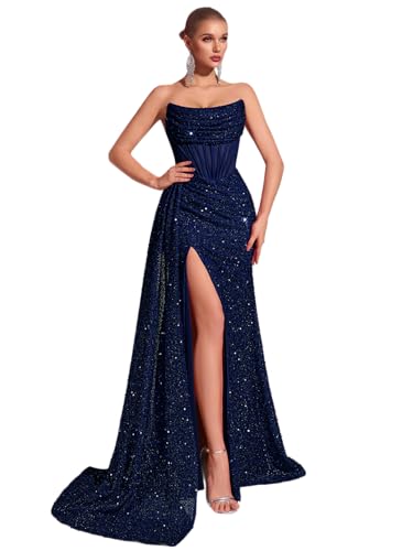Cocktail Evening Gowns Formal Dresses for Women Sequin Tulle Wedding Guest Party Sexy Off Shoulder Floor Length Prom Dress Dark Blue-M