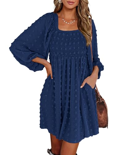 BTFBM Women's Mini Smocked Wedding Guest Dress,Swiss Dot Navy,M