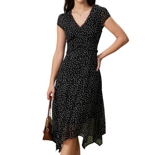 RIHOAS Women's Polka Dot Midi Dress Wrap V-Neck Short Sleeve Summer Dress