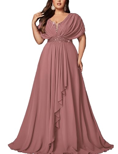 VOUIAO Women Sequin Plus Size Bridesmaid Dresses Formal Prom Gown Pink 1XL | High Slit,Ruffle,Elegant Summer Chiffon A Line Long Wedding Guest Dress,Lace Up Curvy Party Evening Cocktail Gala Maxi Gown