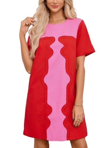 Women's Color Block Shift Dress Cotton Linen Embroidered Mini Dresses