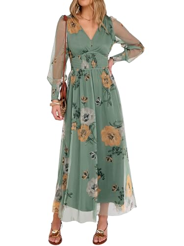 ANRABESS Women's Fall Wedding Guest Tulle Floral Long Sleeve Maxi Dress