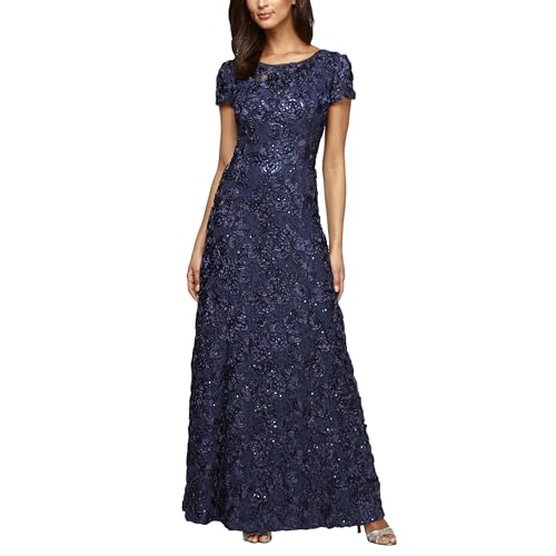 Alex Evenings Women's Long Rosette Mother of The Bride Dress with Short Sleeves, Wedding Guest, Navy, 12