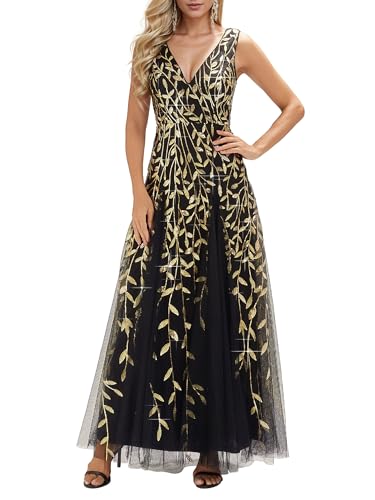 Ever-Pretty Women's Sequin Sleeveless V-Neck Formal Dresses Sexy Empire Waist Evening Gown Prom Dress 2026 Black Gold US4