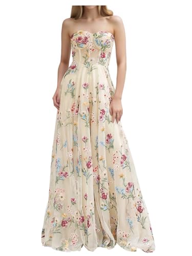 Lxhome Colorful Floral Prom Dresses for Teens Girls Flower Embroidered Tulle Formal Evening Party Dress Champagne US2