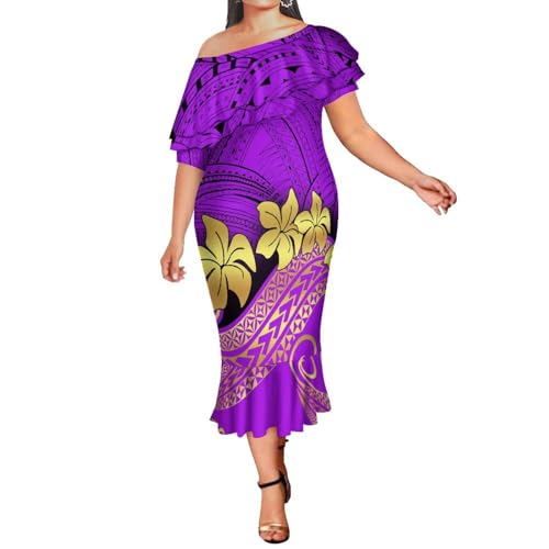 Dongfangyoupin Summer Women's Short-Sleeved Dress with Diagonal Collar Polynesian Tribal Ethnic Dress Tight Fishtail Dress