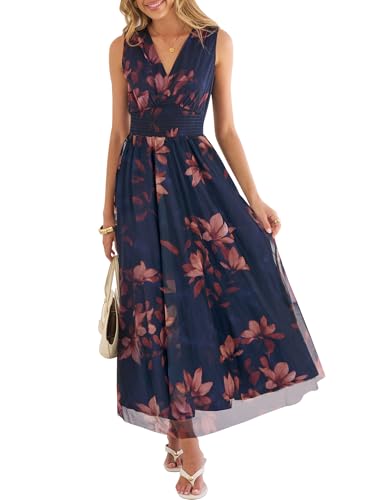 ANRABESS Women's Floral Tulle Wedding Guest Maxi Dress Floral Dark Blue M