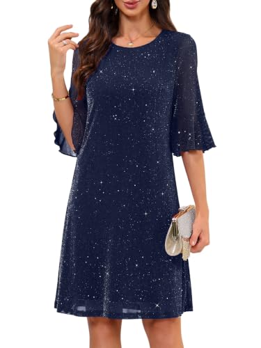 oten Classy Holiday Cocktail Evening Semi Formal Party Dress Navy Blue L | Sparkly Party Dress, Half Bell Sleeve, Flattering A-Line Fit, Crew Neck, Elegant Wedding Guest Dress, Cocktail Party Wear