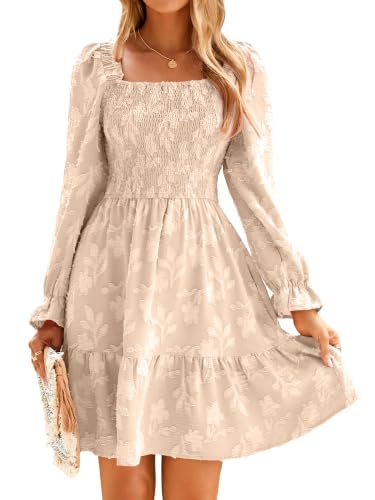 BerryGo Women's Square Neck Fall Long Sleeve Mini Dress Smocked Swing Ruffle Wedding Guest Dress Apricot M