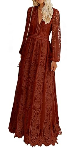 Cercis Long Sleeve V-Neck Lace Maxi Dress Wedding Guest Cocktail Party