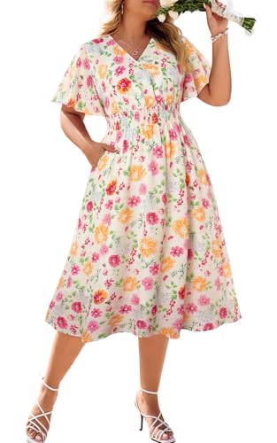 Hanna Nikole Plus Size Dresses for Wedding Guest Smocked Waist Flowy A Line Long Dress Orange Floral 2X