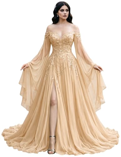 Mauuwy Champagne Wedding Dress with Side Split Victorian Bride Dress