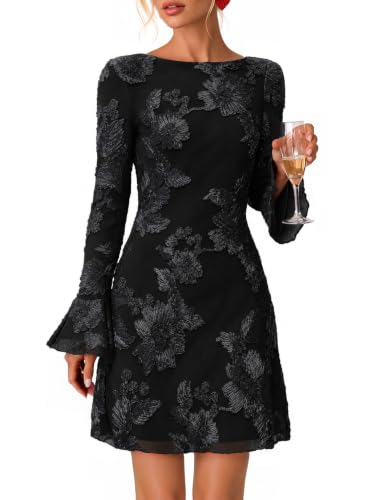 MEROKEETY Women's Floral Mesh Wedding Guest Cocktail Party Dress, Black, M