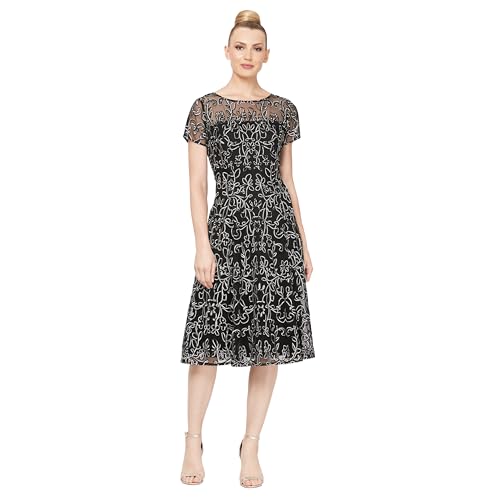 S.L. Fashions Women's Cap Sleeve Tea Length Cocktail Dress with Illusion Neckline, Wedding Guest (Petite and Regular Sizes), Black Ivory, 16P