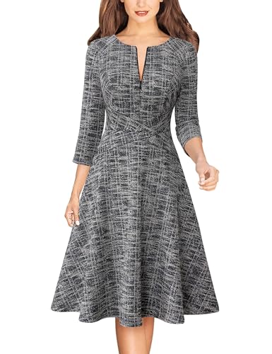 VFSHOW Womens Work Business Office Front Zipper Slim Church A-Line Dress | 3/4 Sleeve, Crew Neck, Crisscross Waist, Fit and Flare, Knee Length, Skater Swing Dresses, Black and White Tweed, S