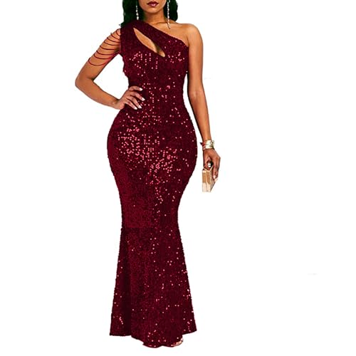 Cololura Women Sequin Elegant Sexy One Shoulder Tassel Oblique Collar Mermaid Bodycon Cocktail Evening Dress Wine Red