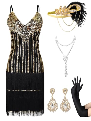 MTITE Women's Flapper Dresses 1920s,Great Gatsby Dresses Sequin Fringe Cocktail Dress Roaring 20s Dress for Harlem Nights (Black Gold, S)