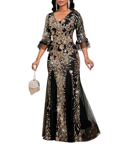 dasmzper Women's Sequin V Neck Flare Sleeve Formal Evening Gown