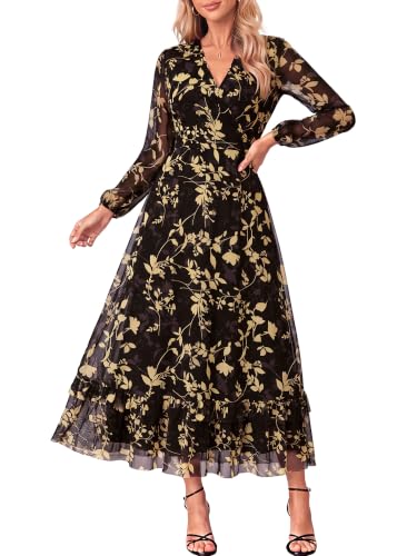 MSBASIC Semi Formal Dresses for Women A Line Puff Sleeves Wedding Dress | Black Golden Beige Floral, A-Line Flowy, Perfect for Petite Ladies, Elegant Bridal Shower, Wedding Guest, Cocktail, Church