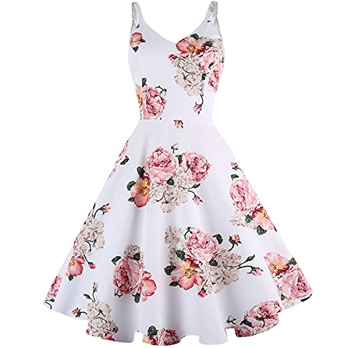GOOBGS Women's Vintage Spaghetti Strap Cocktail Dresses WHI Pin Flower L