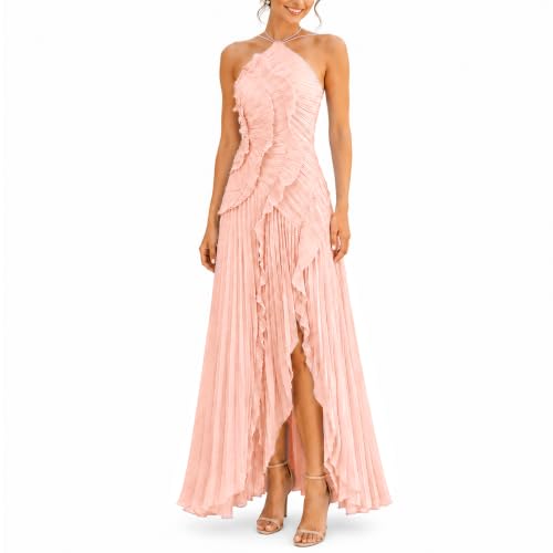 Women's Halter Neck Ruffled Pleated Maxi Dress, Sleeveless Chiffon Asymmetric High Low Hem Formal Cocktail Party Evening Gown for Wedding Guest (US, Alpha, X-Large, Regular, Regular, Pinkish)