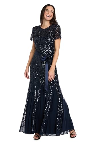 R&M Richards Women's Sequin Power Mesh Godet Dress with Short Sleeves Navy