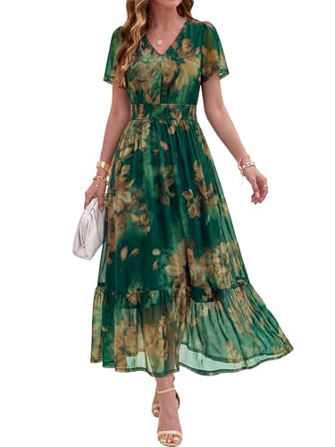 Simplee Womens Floral Boho Maxi Dress - Spring Summer Beach Church Formal Tea Party Dresses Casual Elegant Semi Formal Flowy Dress (Dark Green Floral M)