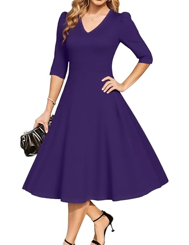 MAKABO Vintage Cocktail Purple Dress for Women 2026, V Neck Cocktail Church Semi Formal Dress Flared for Funeral Tea Party Outfit, XL