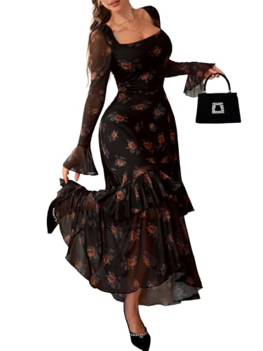 GothDark Womens Black Wedding Guest Dress Brown Orange Floral X-Large