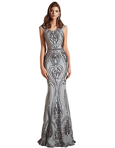 Ikerenwedding Sequin Dress for Women Mermaid Sleeveless Lace-up Scoop Evening Dress Grey US8