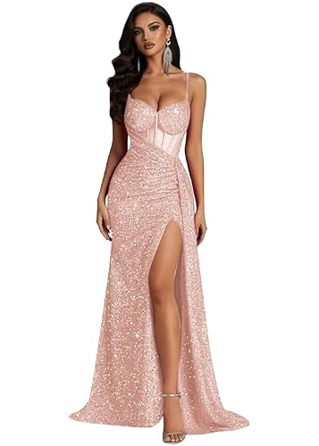 Lekessid Women’s Prom Dresses with High Split Sequin Spaghetti Strap US14