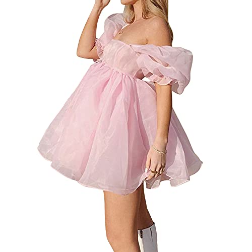 Pejihota Womens Off-Shoulder Ruffled Fluffy Short-Sleeved Mesh Party Mini Princess Dress (L, Pink)