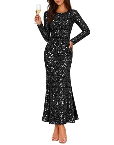 MEROKEETY Formal Fall Long Sleeve Sequin Maxi Dress Womens, Black, Small | Sparkly, Fancy Jacquard Mesh, Lined, Side Slit, Lace-like, Cocktail Party, Dinner, Evening, Holiday, Wedding Guest Long Dress