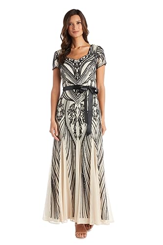 R&M Richards Women's Art Deco Chevron Sequin Godet Dress with Sweetheart Neckline & Sash for Wedding Guest, Cocktail Party Champagne/Black