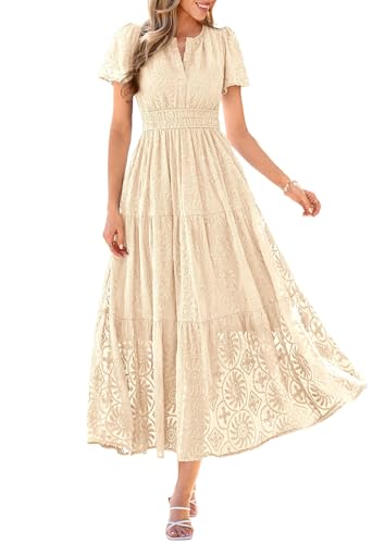 PRETTYGARDEN Womens Maxi Embroidered Wedding Guest Dress,Beige,L
