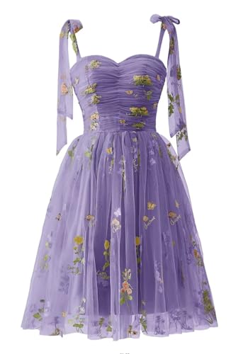 Maxianever Short Homecoming Dresses for Teens Flower Embroidery Sleeveless Ruched Mini Tulle Lavender Prom Dresses Juniors US4