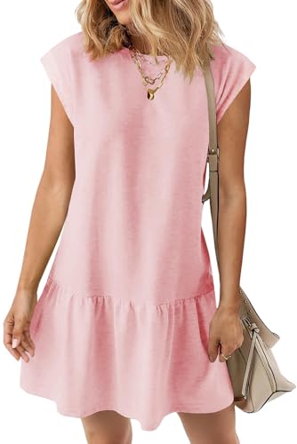 BLENCOT Tshirt Dress Women Spring Short Sleeve Round Neck Casual Loose Fit Smocked Hem Cute Juniors Trendy Summer Outfit Tiered Mini Dress X-Large Pink