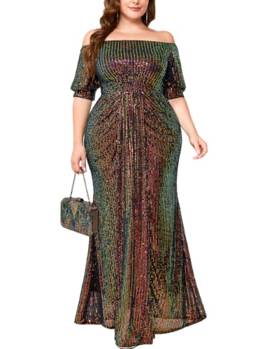 Sassique Plus Size Formal Dress Off the Shoulder Sequin Ruched Draped Maxi Evening Gown Cocktail Wedding Prom Gala Party, Iridescent Black, 2X