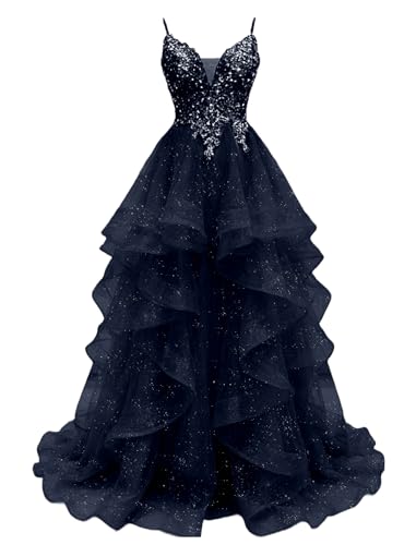 Sparkly Tulle Prom Dresses 2026 Lace Appliques Long Ball Gown V Neck A-line Formal Evening Gown Tiered Quinceanera Dresses Navy Blue
